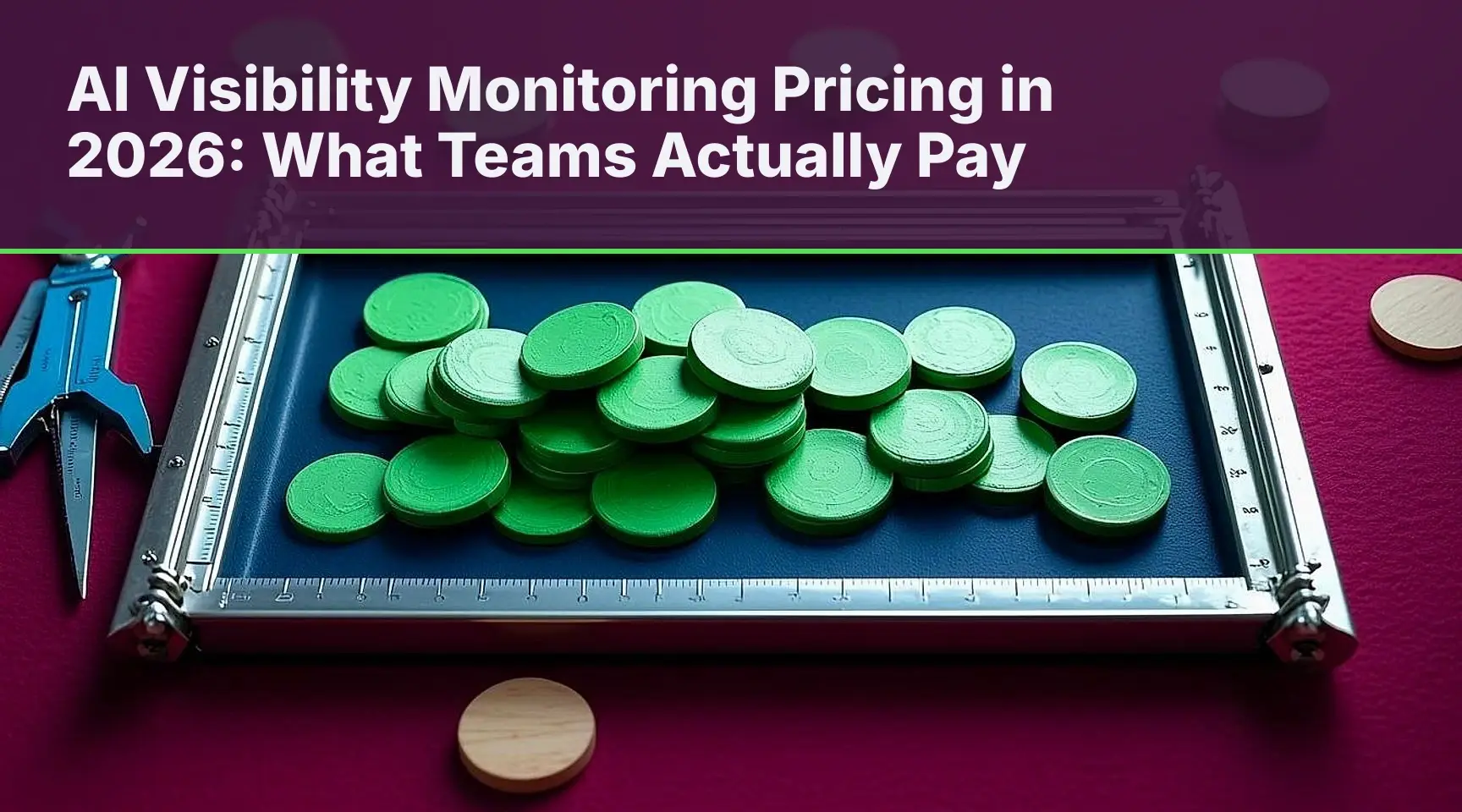 AI Visibility Monitoring Pricing in 2026: What Teams Actually Pay: An overhead view of a precision accounting board where green limewood tokens are sorted into deep indigo.