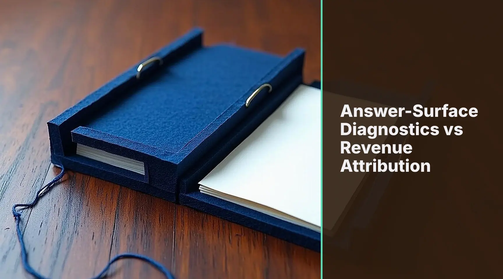 Answer-Surface Diagnostics vs Revenue Attribution: A tactile paper-craft accounting system on a dark wooden desk that physically separates source-verified diagnostic cards from.
