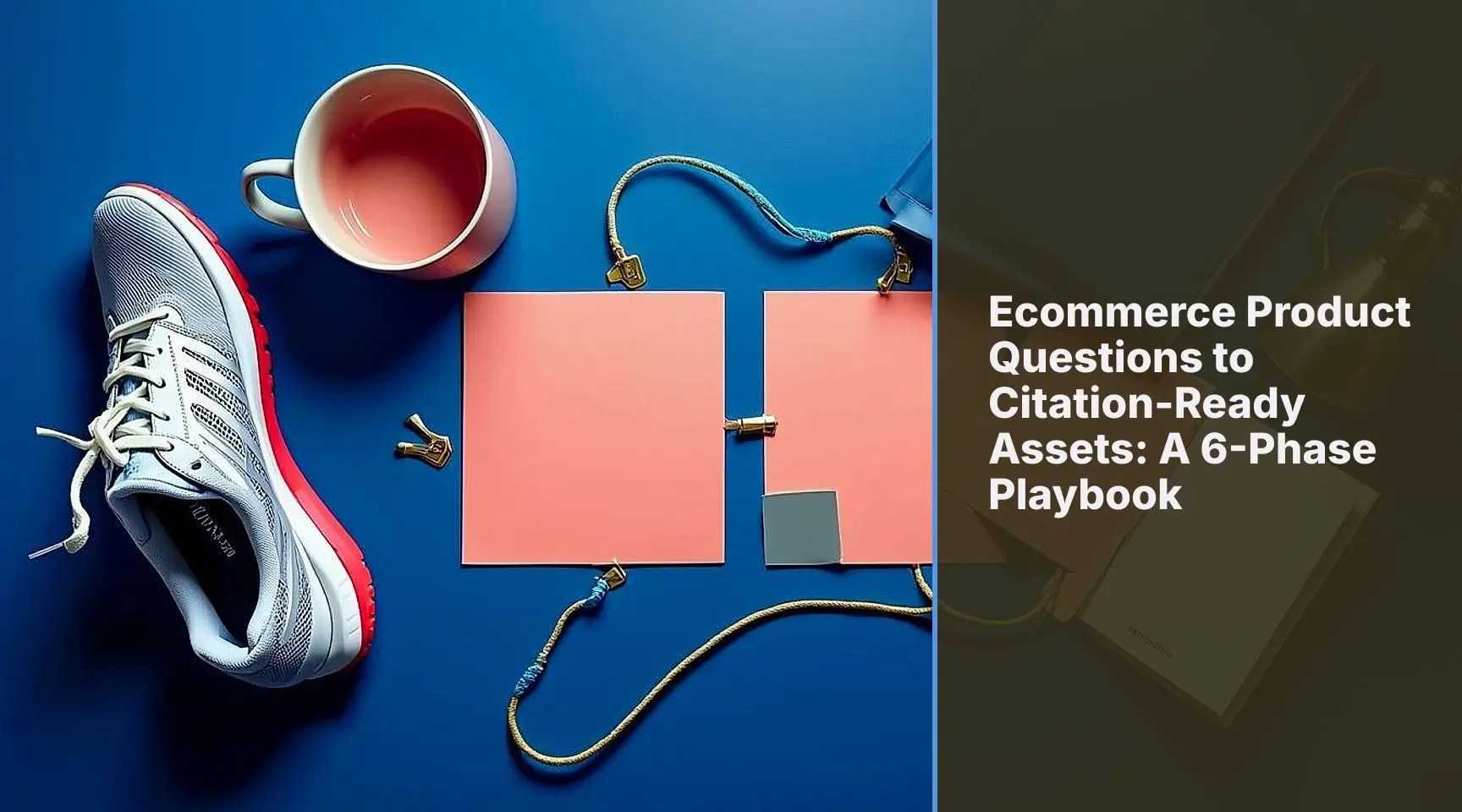 Ecommerce Product Questions to Citation-Ready Assets: A 6-Phase Playbook: A high-end top-down editorial product photograph shows exactly three one-to-one mappings across a deep.