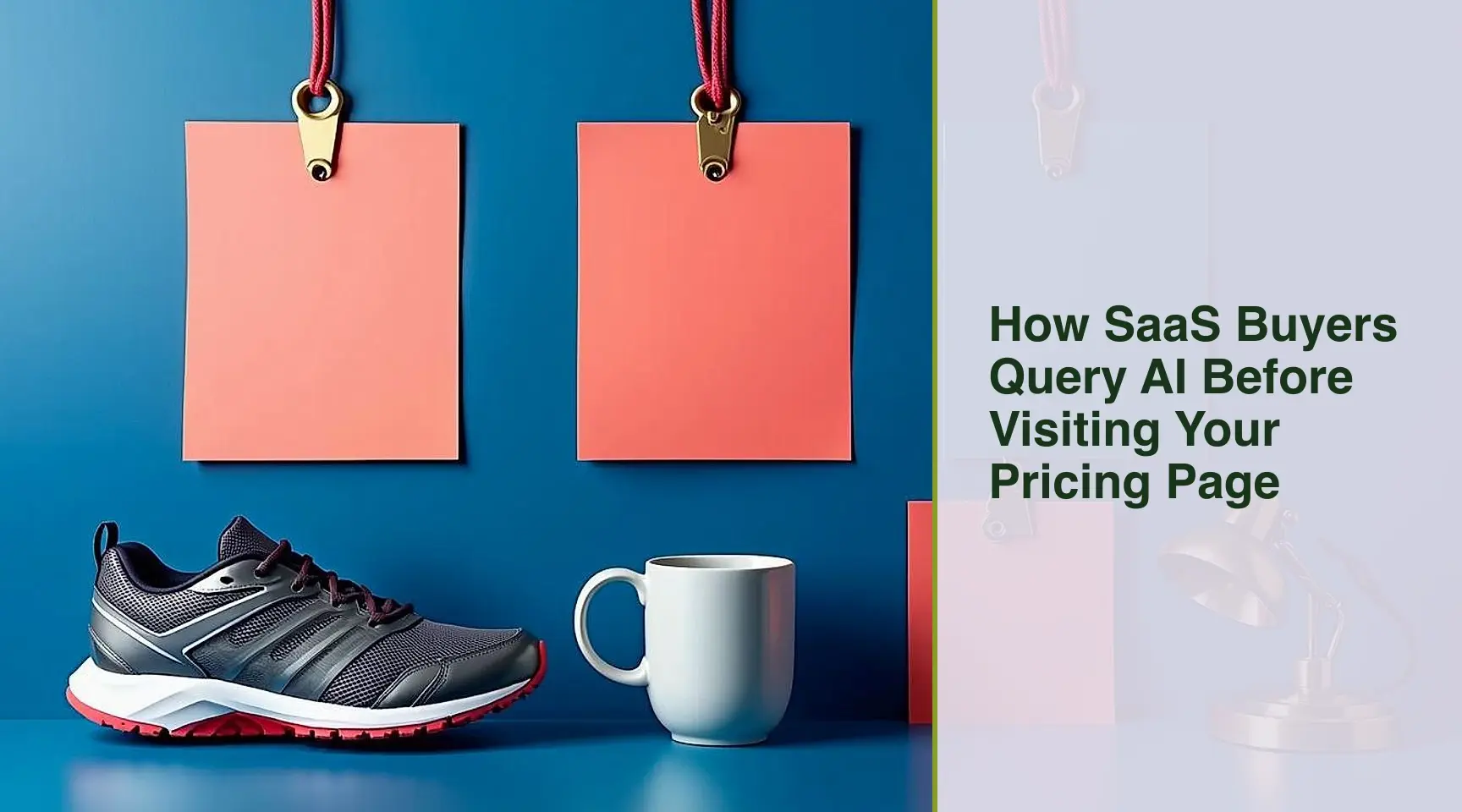 How SaaS Buyers Query AI Before Visiting Your Pricing Page: A high-end top-down editorial product photograph shows exactly three one-to-one mappings across a deep cobalt tabletop.