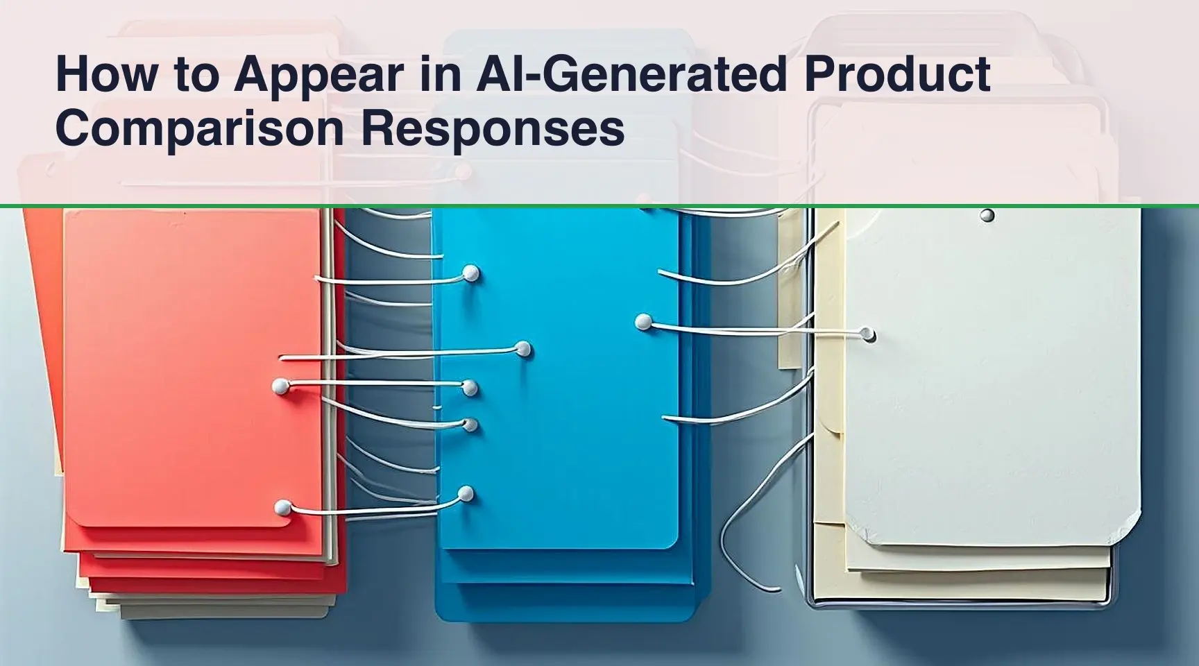 How to Appear in AI-Generated Product Comparison Responses: A tactile overhead editorial map showing the separation of integrated source cards from neglected loose sheets via a.