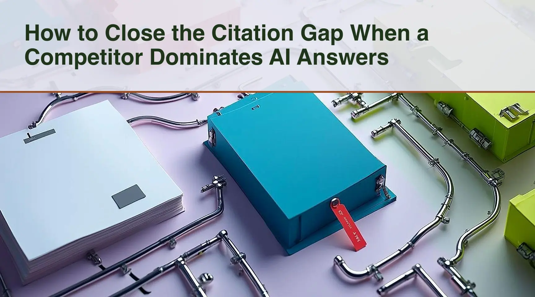 How to Close the Citation Gap When a Competitor Dominates AI Answers: An overhead view of a tactile analysis desk where coral-tagged source cards are routed via silver rails to.
