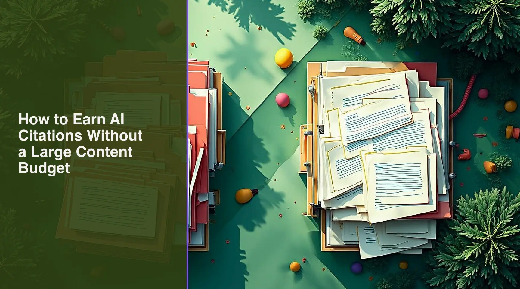 How to Earn AI Citations Without a Large Content Budget: A tactile top-down retrofit workbench contrasting organized routed paths with disconnected material to illustrate the.