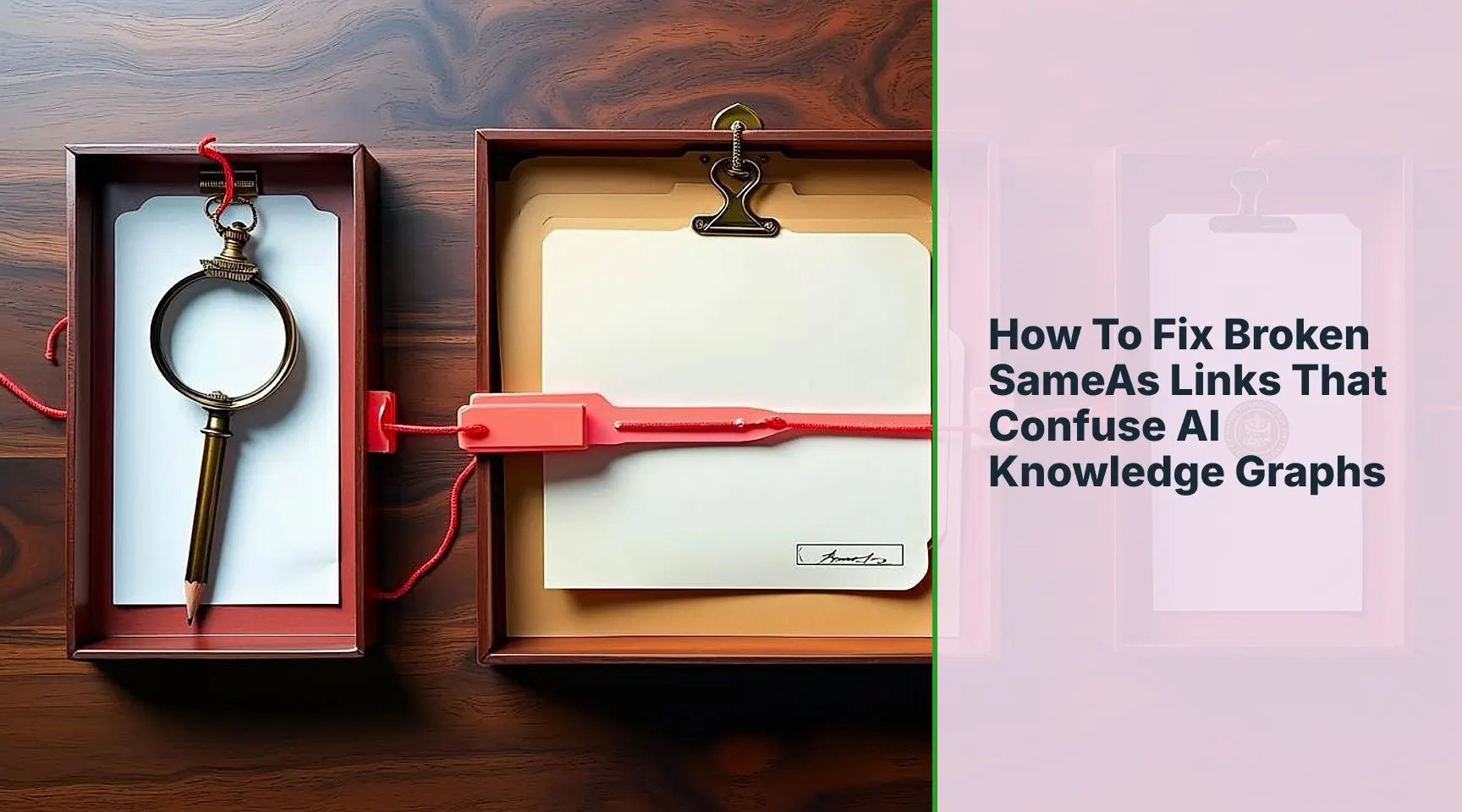 How To Fix Broken SameAs Links That Confuse AI Knowledge Graphs: A top-down editorial still life of a forensic evidence map depicting a single folder traveling through distinct.