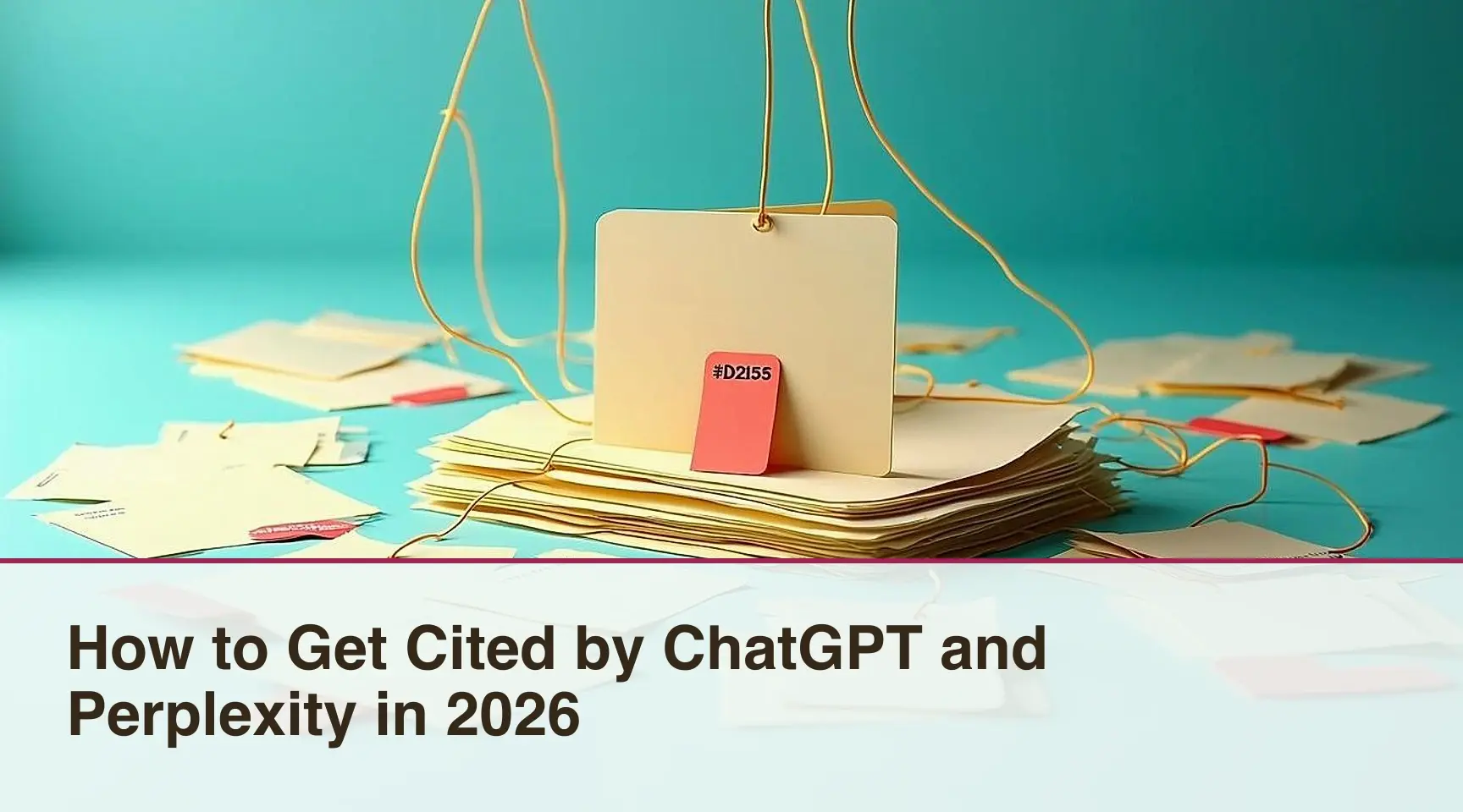 How to Get Cited by ChatGPT and Perplexity in 2026: An overhead archival routing map contrasts a stack of approved source cards linked by amber threads to distribution trays.