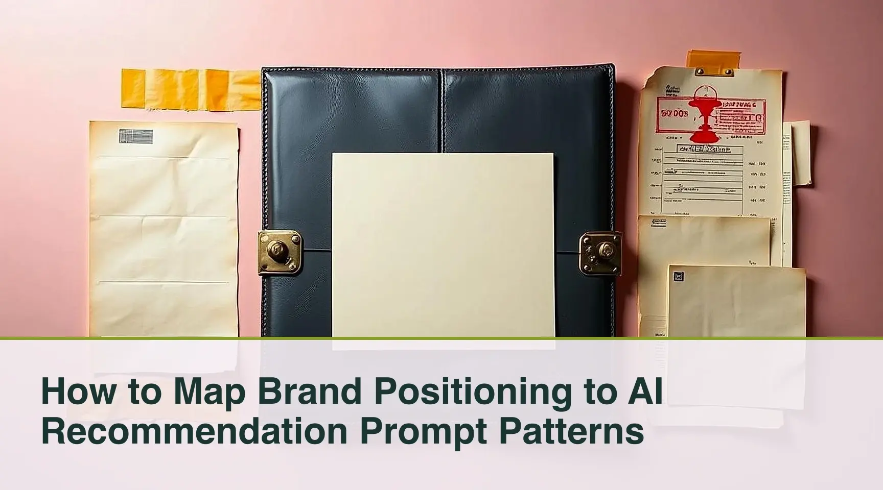How to Map Brand Positioning to AI Recommendation Prompt Patterns: An overhead archival arrangement of a complete master dossier constructed from a leather profile card.