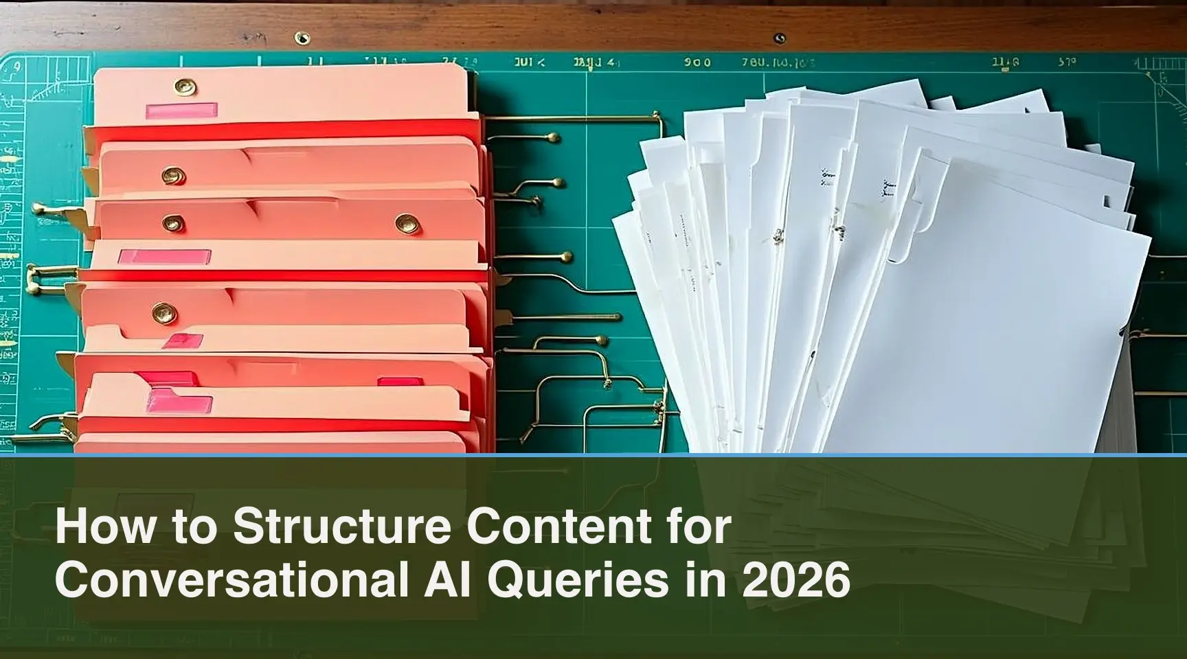 How to Structure Content for Conversational AI Queries in 2026: An overhead documentary still life of a drafting table where the structured hierarchy of evidence is visually.