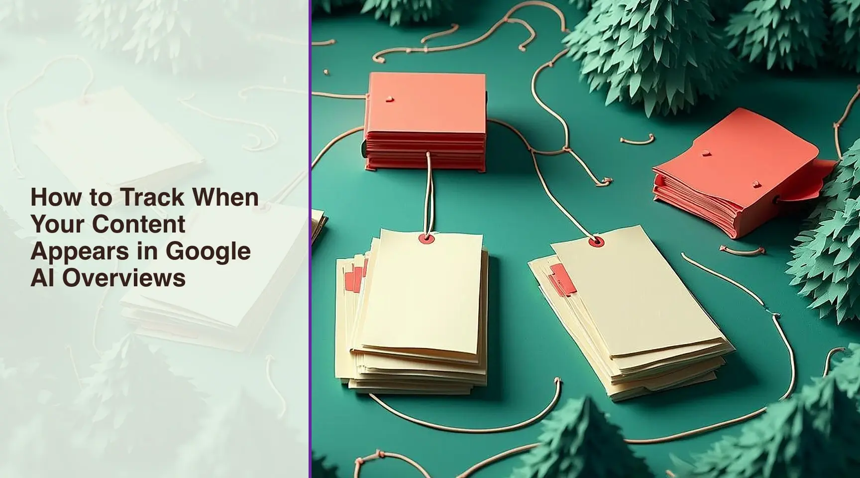 How to Track When Your Content Appears in Google AI Overviews: An architectural cut-paper landscape of a citation mapping desk where coral-tagged source cards are routed by thin.