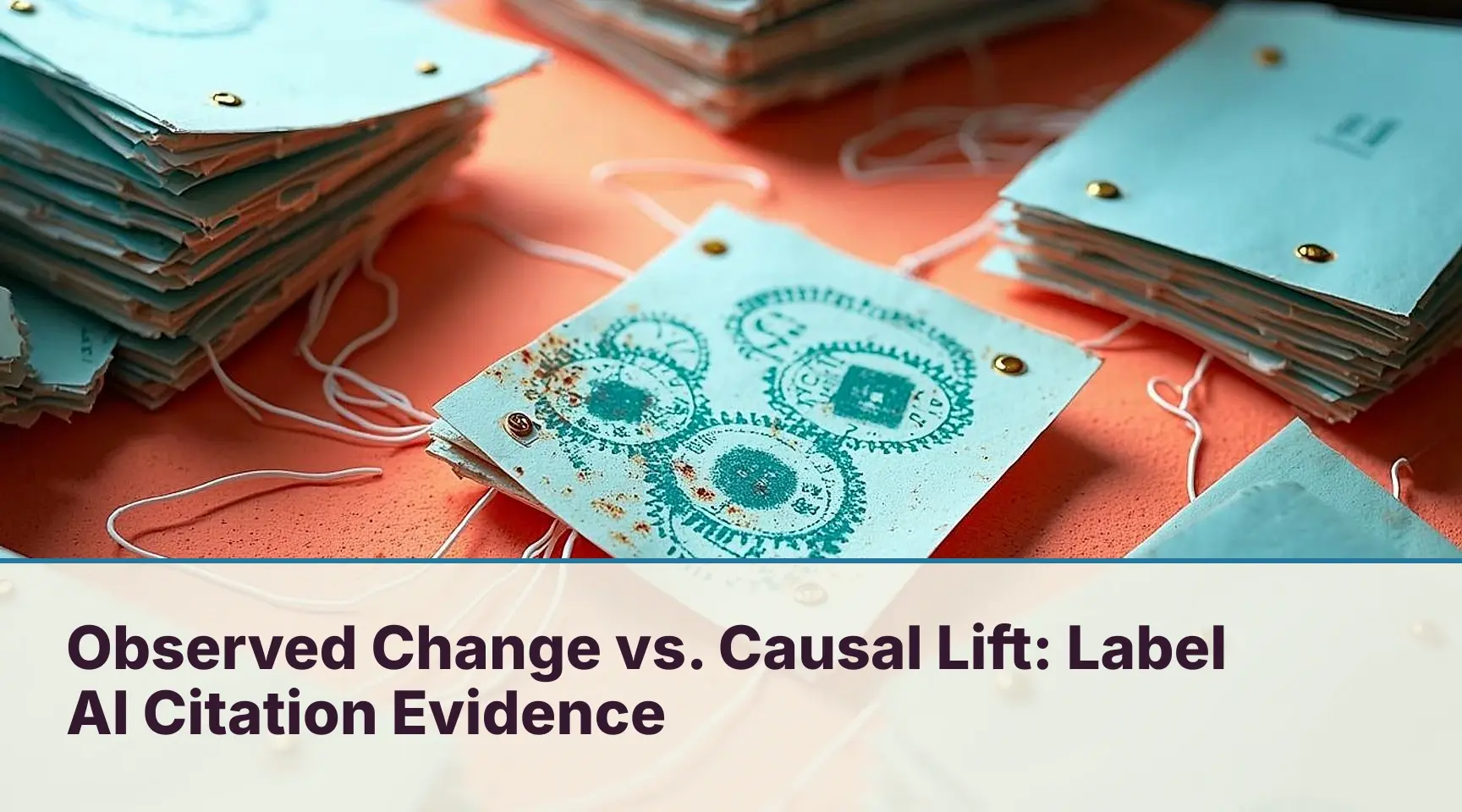 Observed Change vs. Causal Lift: Label AI Citation Evidence: A top-down documentary still life of a tactile evidence-sorting workstation separating proven source cards from blank.