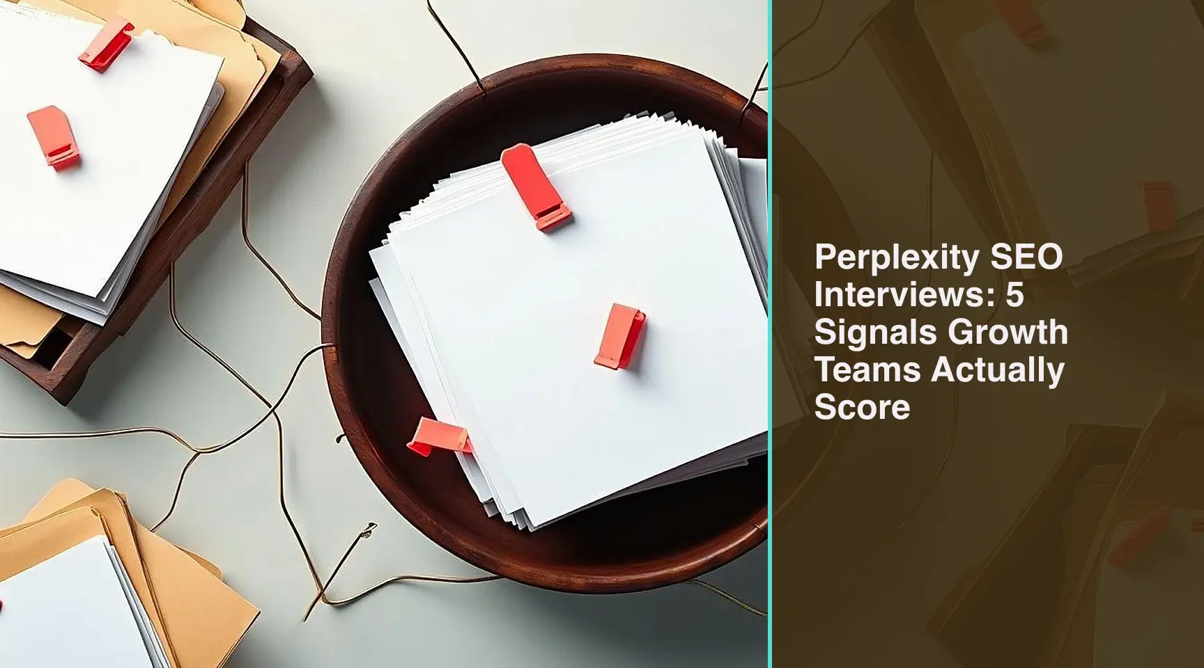 Perplexity SEO Interviews: 5 Signals Growth Teams Actually Score: An overhead editorial still life of a paper routing table where only source cards marked with coral proof tabs are.