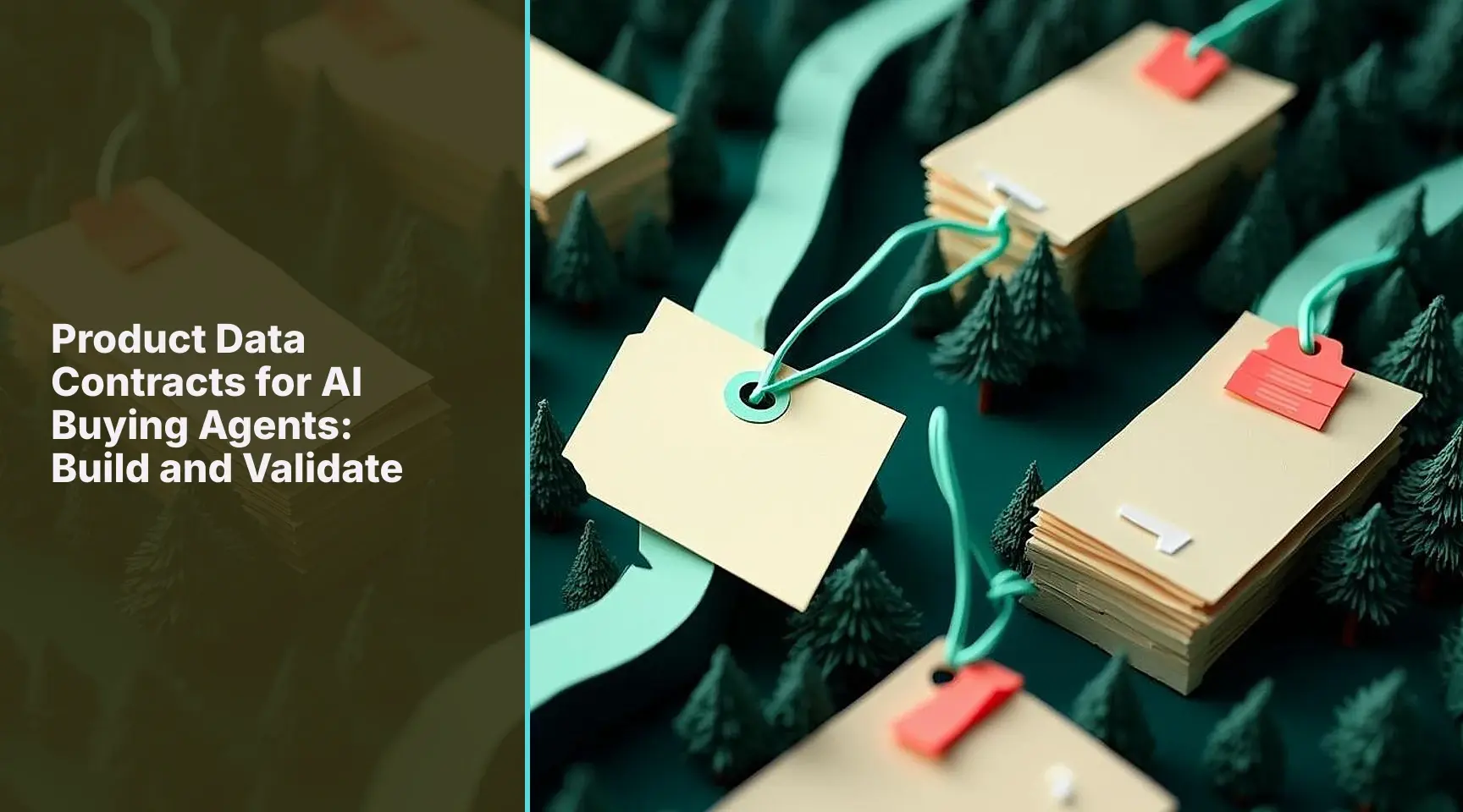 Product Data Contracts for AI Buying Agents: Build and Validate: An overhead architectural cut-paper landscape of a filing workflow where only verified source cards navigate a.