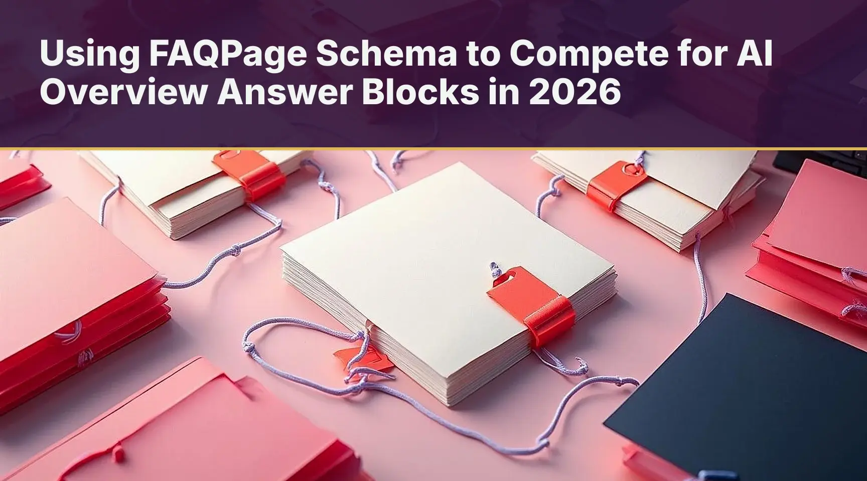 Using FAQPage Schema to Compete for AI Overview Answer Blocks in 2026: An overhead view of a structured routing table where only verified source cards with attached coral proof.