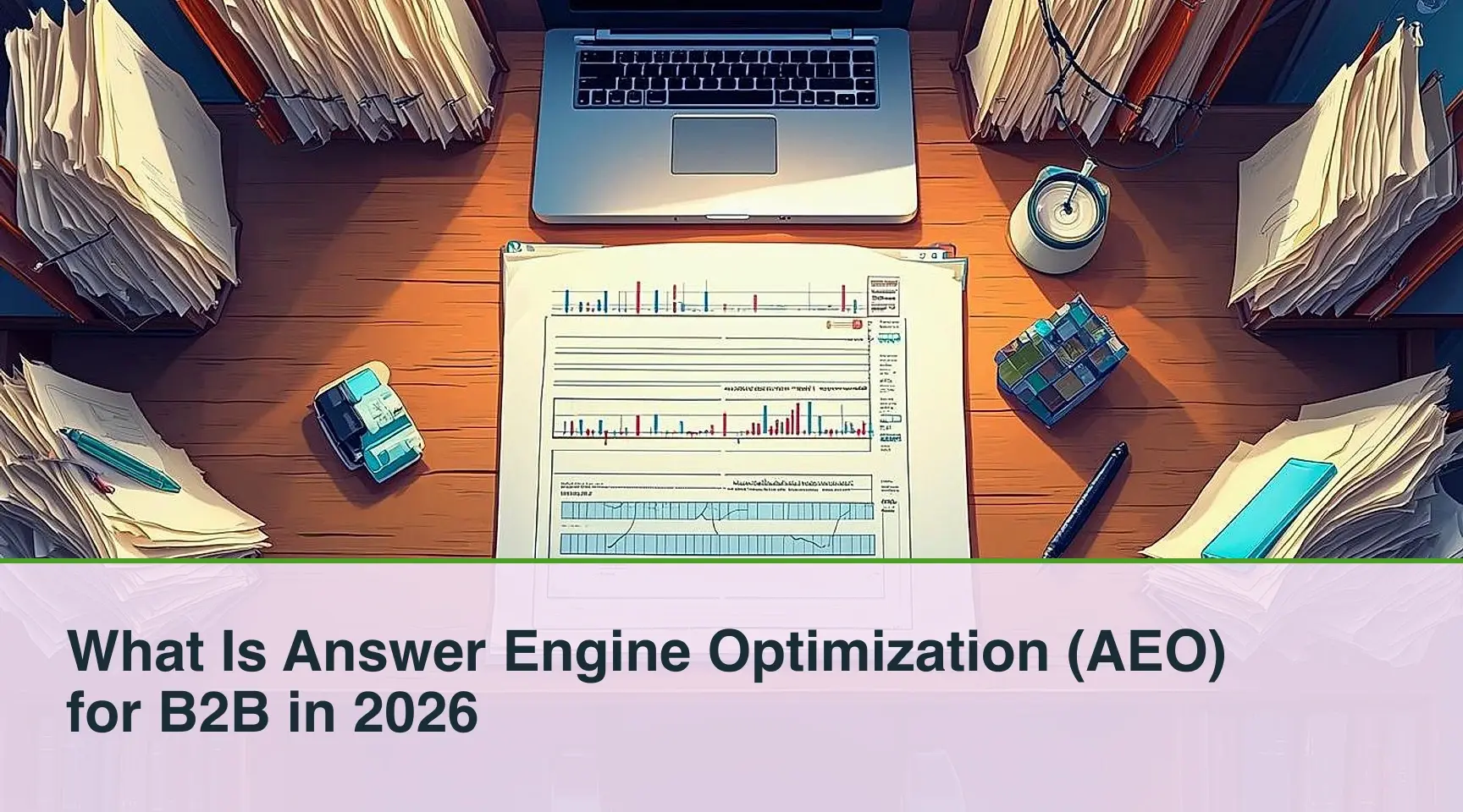 What Is Answer Engine Optimization (AEO) for B2B in 2026: An overhead top-down view of a source-sorting workstation separating citation-tracked ledger cards from unsorted inventory.