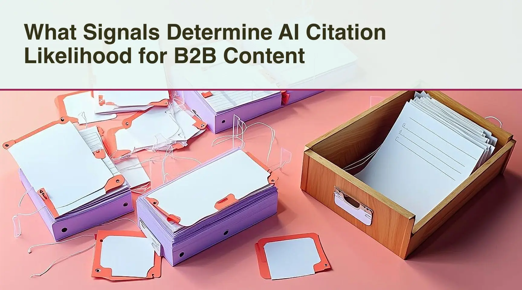 What Signals Determine AI Citation Likelihood for B2B Content: A screen-printed overhead editorial composition illustrating the routing of valid source materials through a.